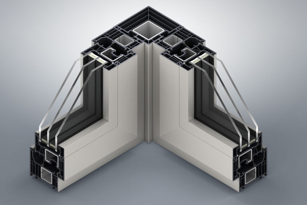 A 90-degree connector connecting two window frames together.