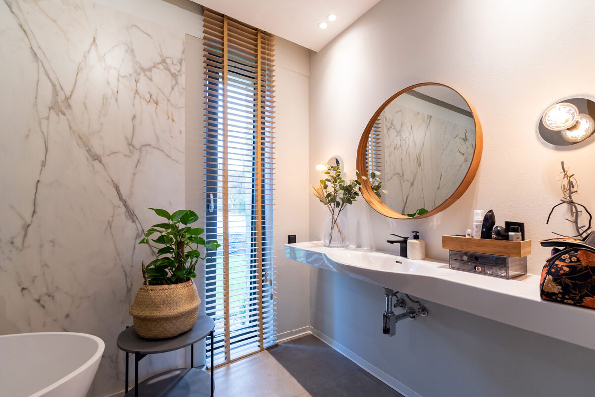 Bathroom with narrow window.