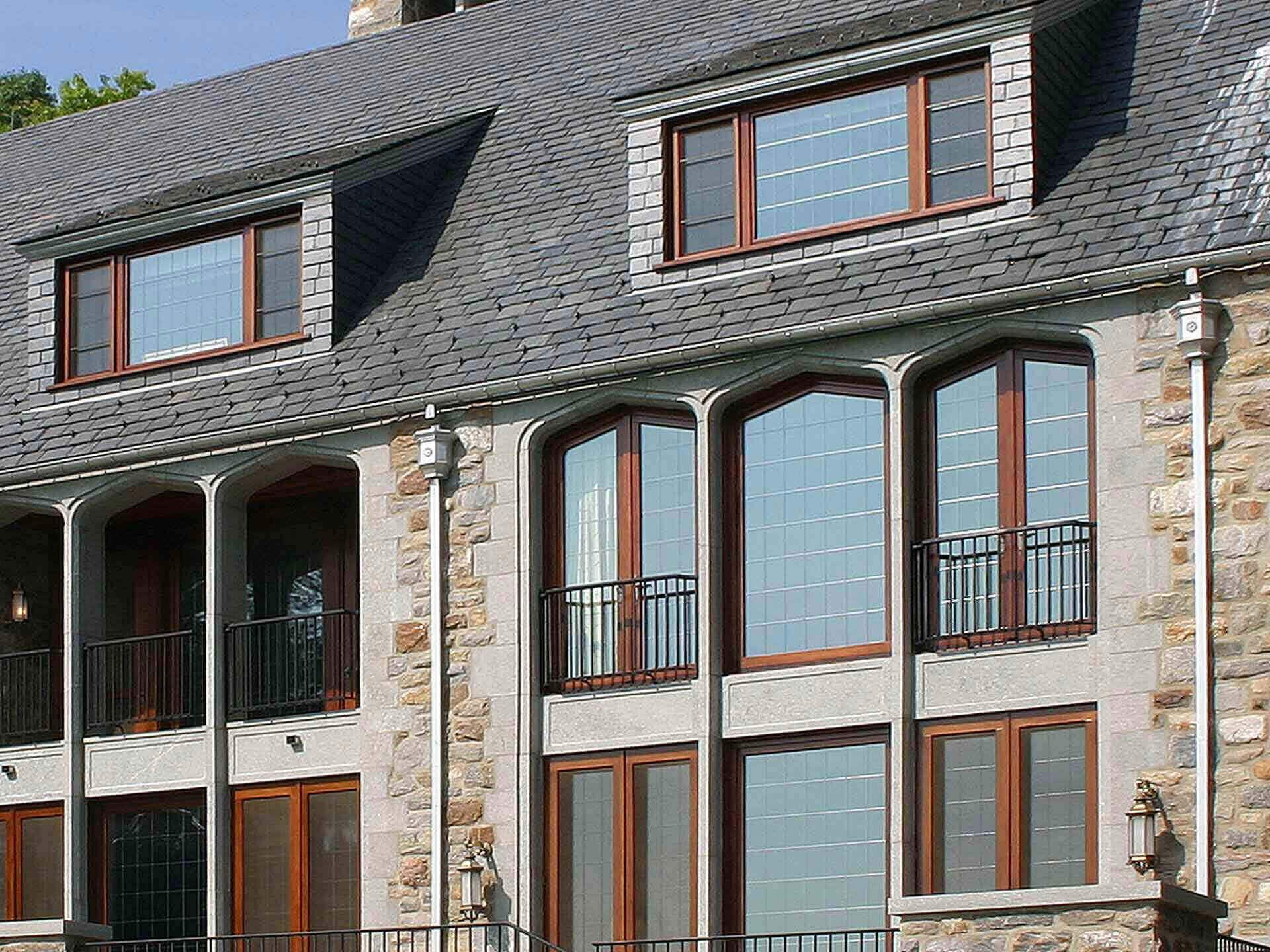 Wooden windows with an unusual shape.