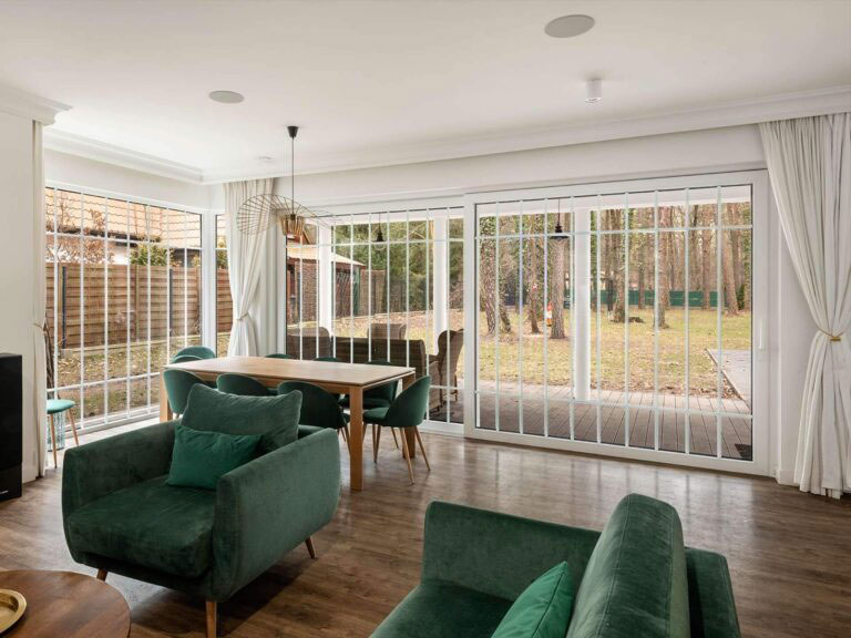 White windows in the living room.