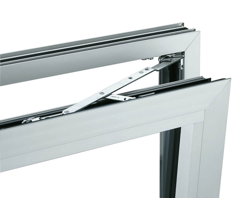 Hidden hinges and top stay in aluminium windows with euro groove.