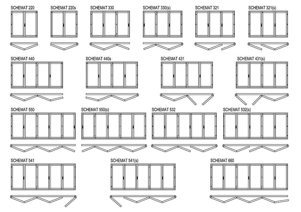 Opening schemes of wood-aluminium folding doors.