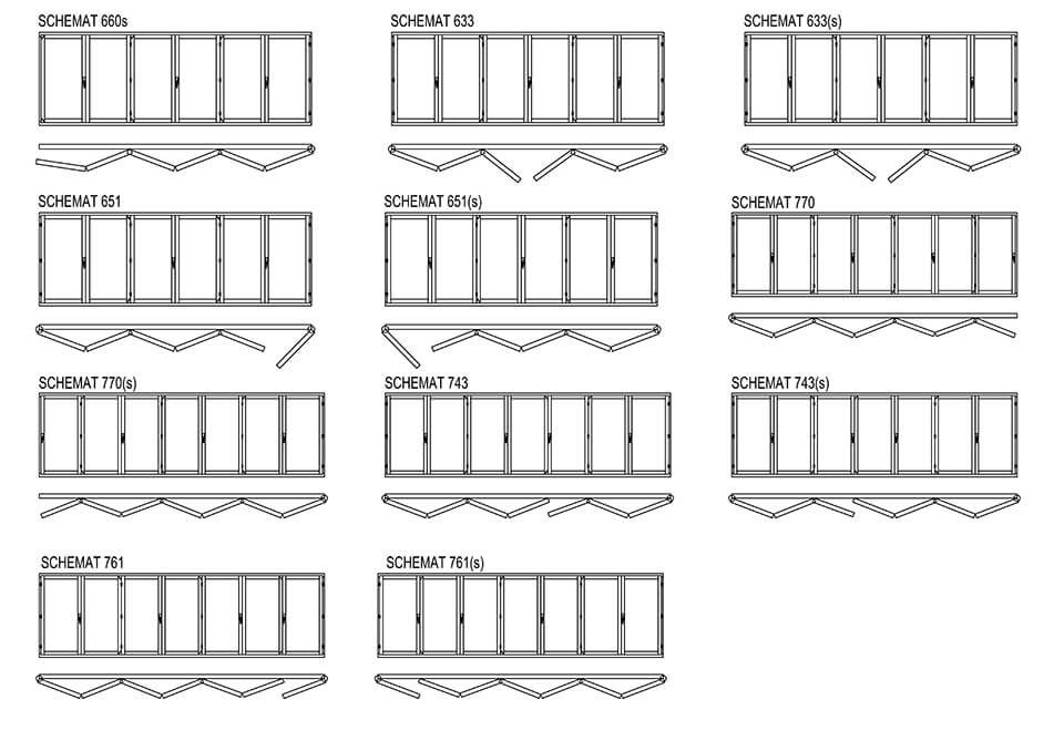 Variants of wood-aluminium folding doors.
