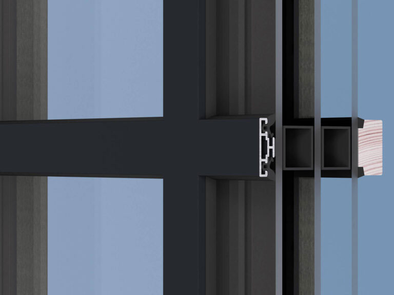 Stick-on bar in a wood-aluminium window with Aluron cladding. View from the outside.