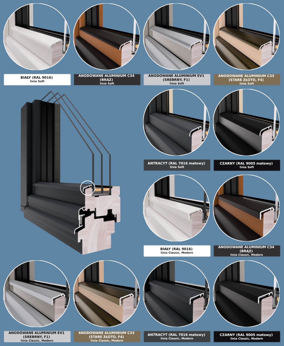 Colours of optional drip caps for wooden windows.