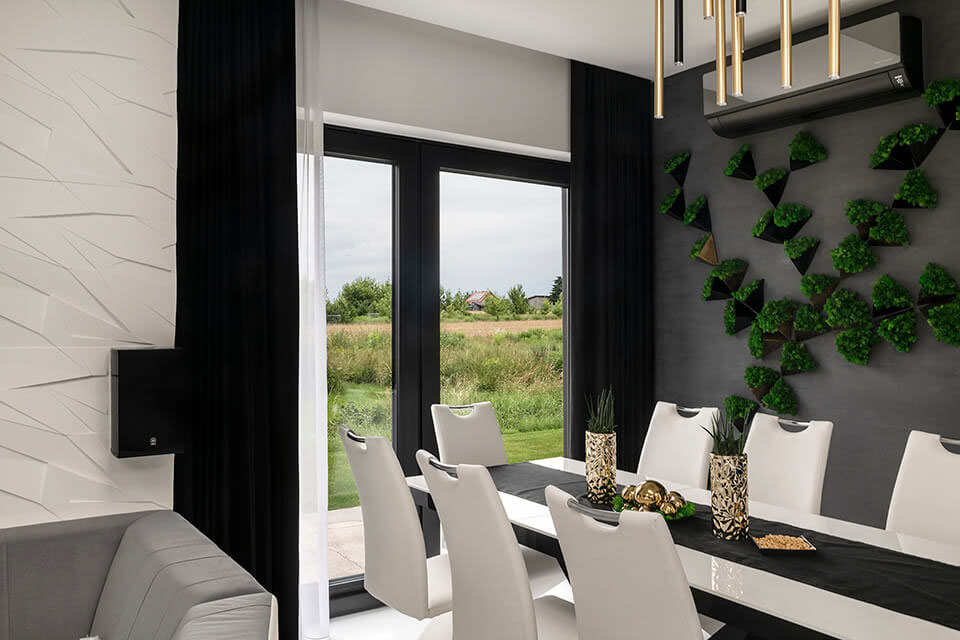 Black windows in the living room.