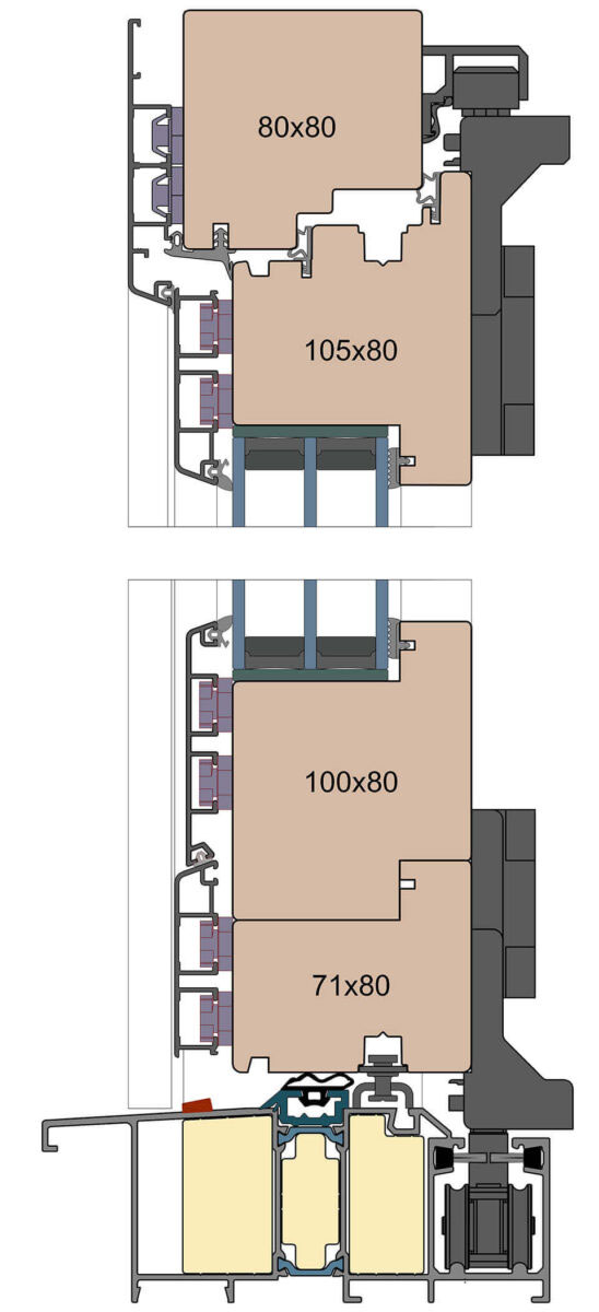 A wood-aluminium folding door made of 80 mm thick profile.