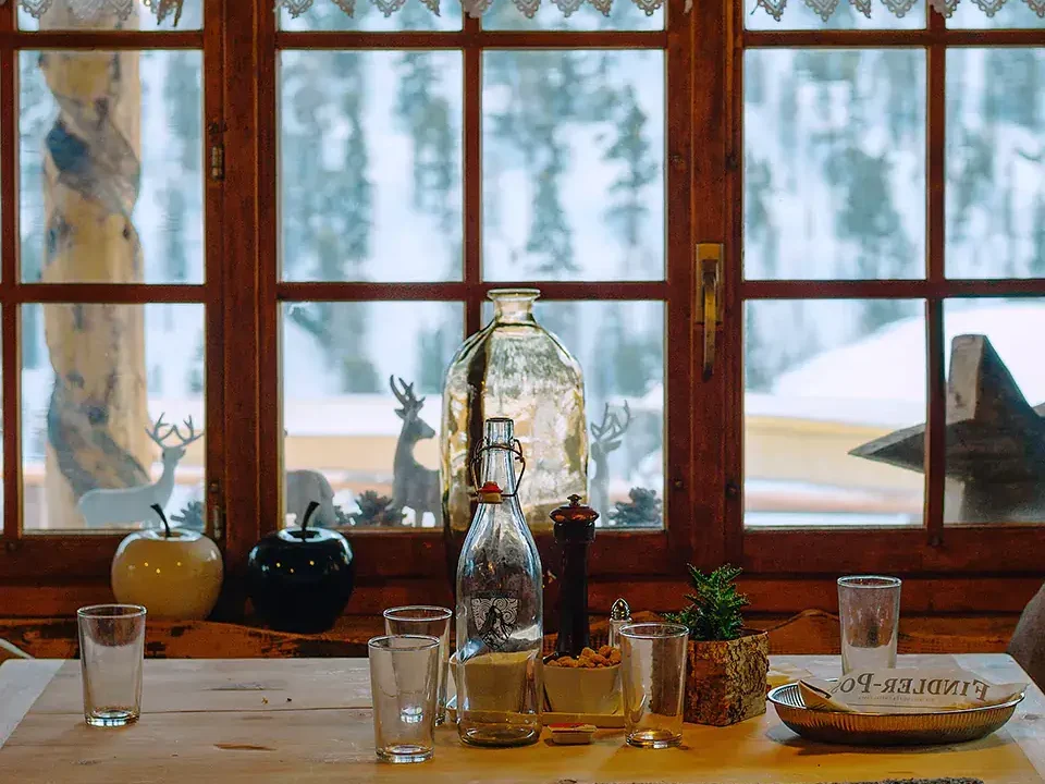 Cottagecore style country cottage overlooking a winter clearing.