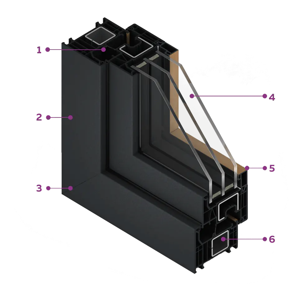 Section of FORMA window in dark veneer on the outside and wood-like veneer on the inside.