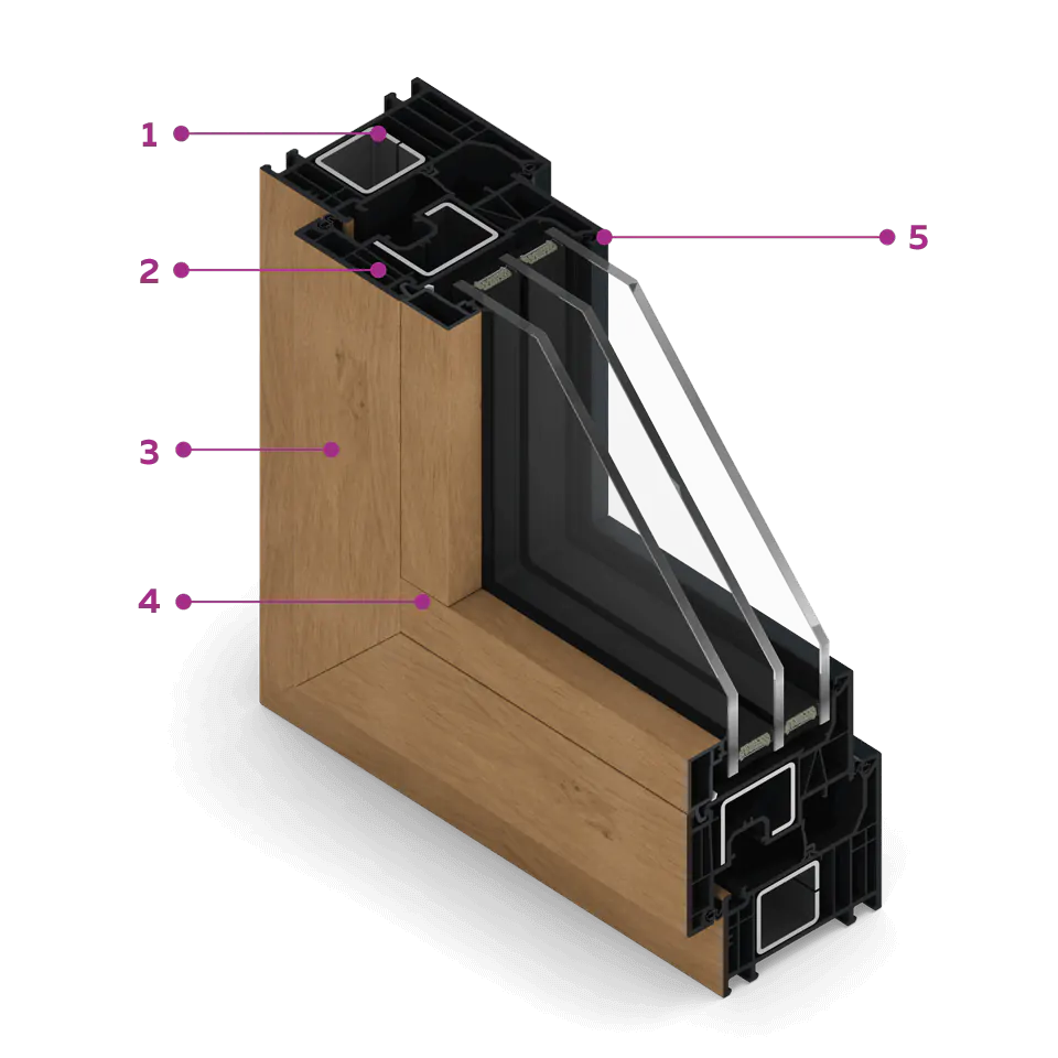 Section of FORMA window from the inside - visible veneer imitating wood.
