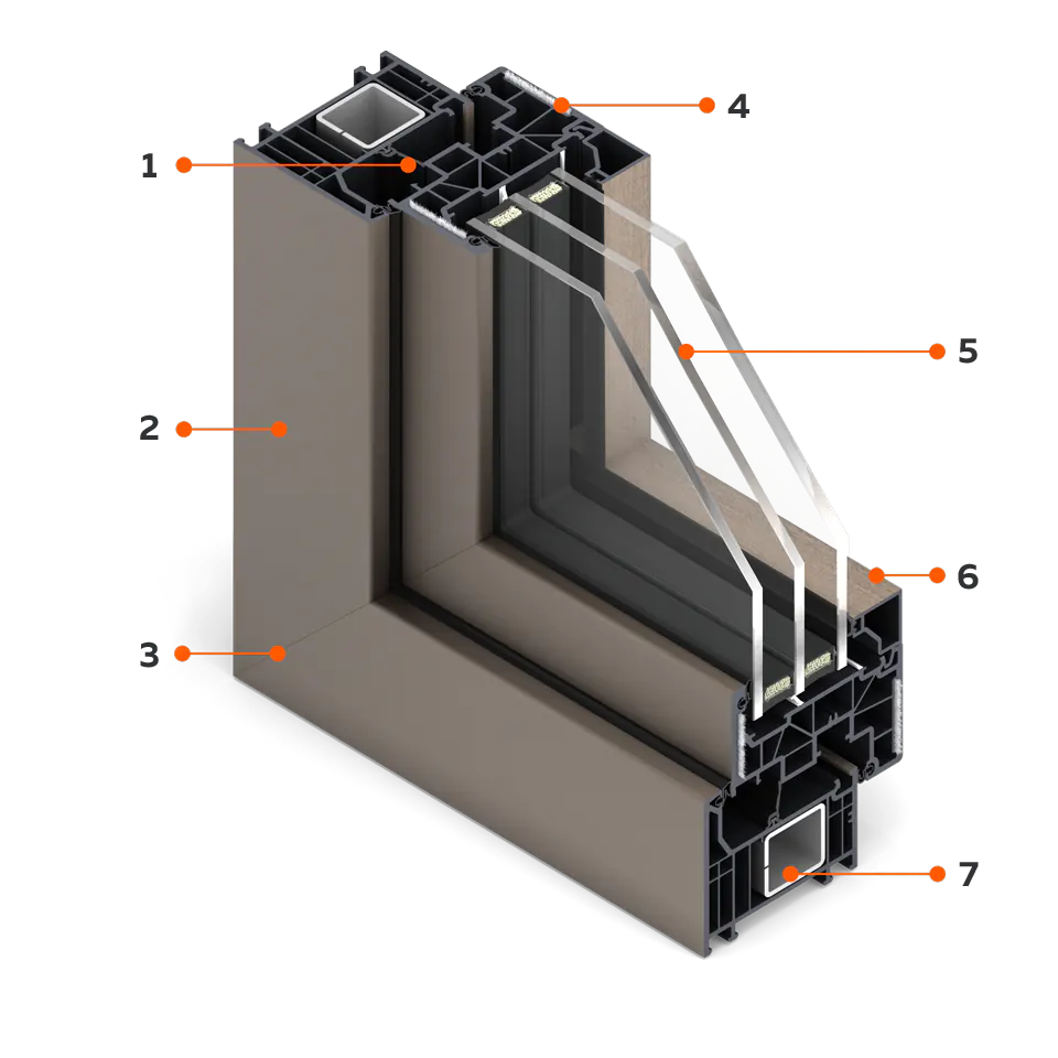 Section of FORMA ThermoFibra window in veneer imitating aluminium.