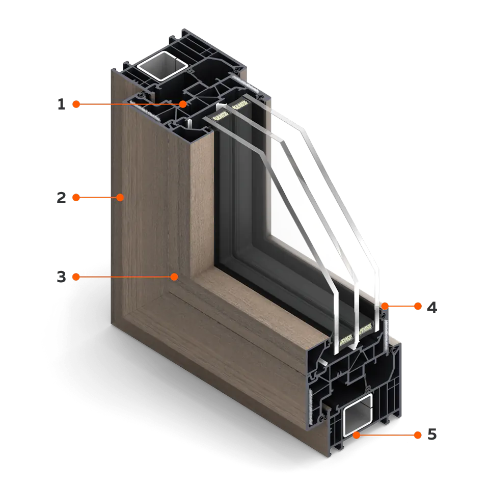 Section of FORMA ThermoFibra window in veneer resembling natural wood.