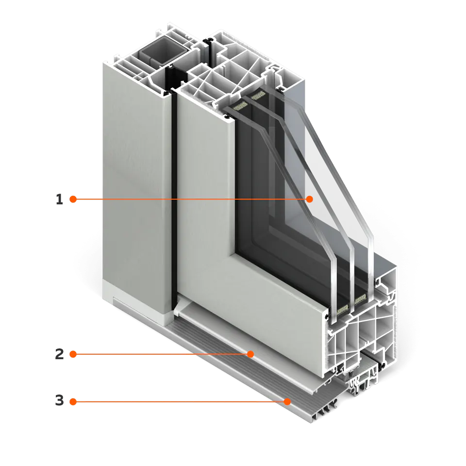Section of FORMA ThermoFibra window with a warm aluminium threshold.