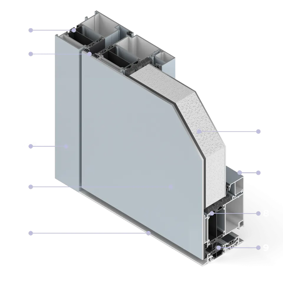 Przekrój drzwi aluminiowych Premium 86 lakierowanych proszkowo.