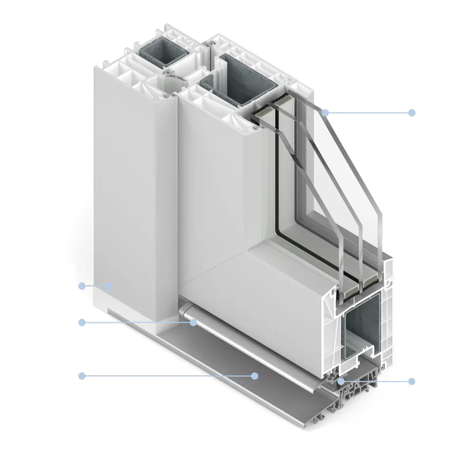 Przekrój drzwi tarasowych z ciepłym progiem aluminiowym.