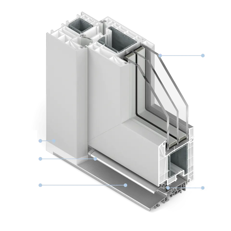 Cross-section of a patio door with a warm aluminum threshold.