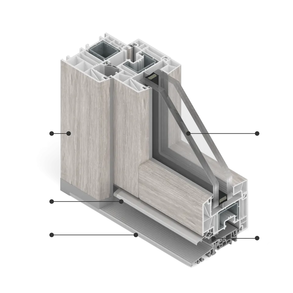 Section of Wood Look window in Alpine veneer with an aluminium threshold.