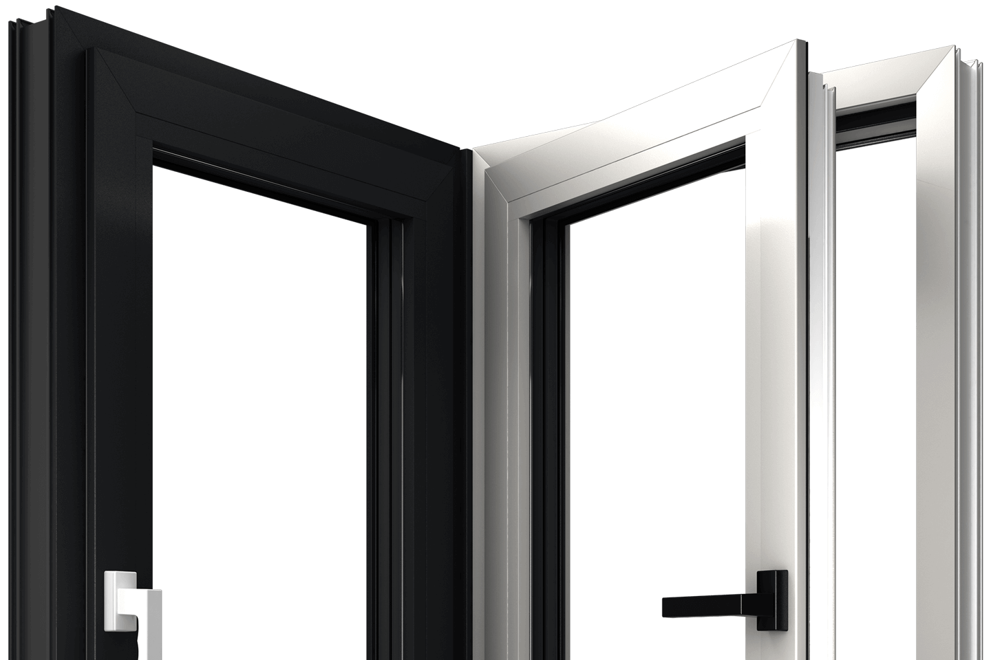 FORMA windows - dark with a white handle and bright with a black handle.