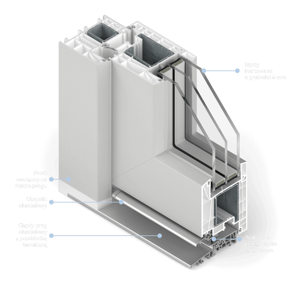 Section of terrace door with a warm aluminium threshold.