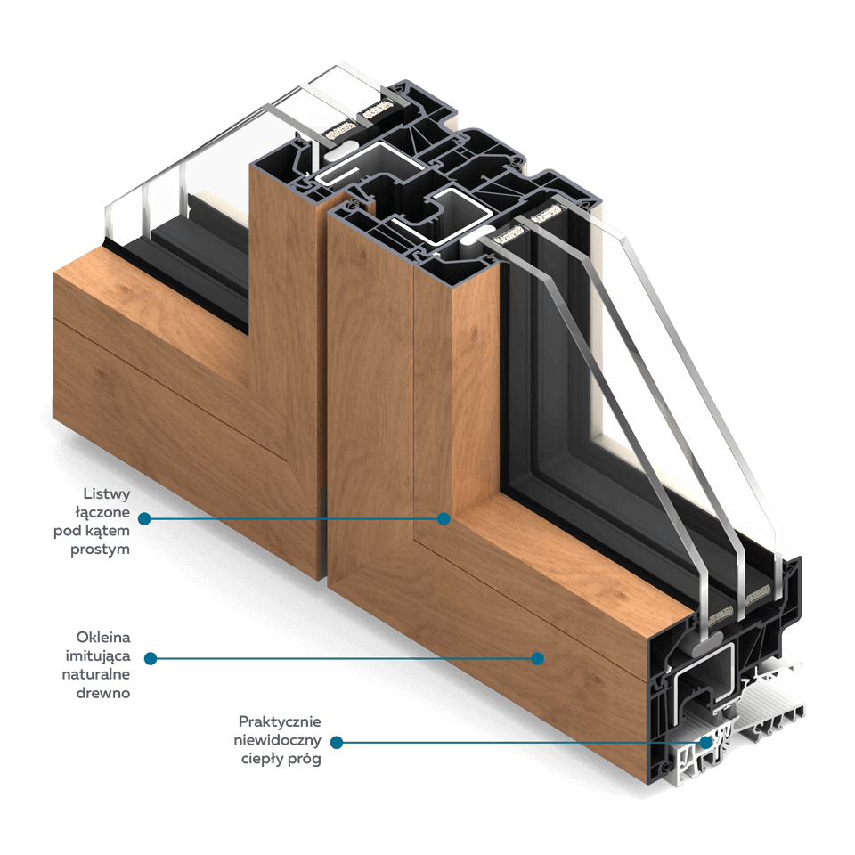 Section of FORMA Viso window section with a narrow flying mullion, veneer imitating natural wood.