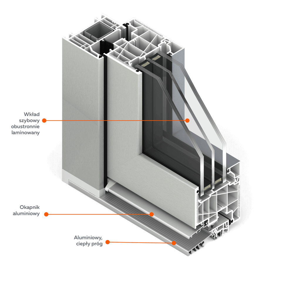 Section of FORMA ThermoFibra window with a warm aluminium threshold.