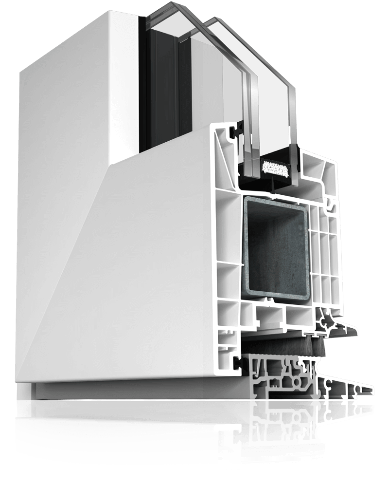 Cross-section of white patio doors made of PVC.